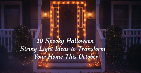 Cinematic Halloween front porch at twilight with orange pumpkin string lights, spider web LED lights, carved pumpkins with candles, and autumn fog.