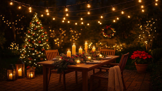 Outdoor festive dining setup with warm string lights, candles on a wooden table, and a decorated Christmas tree glowing in the background at night.