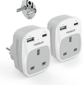 Two travel adapters with multiple ports on a white background