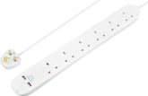 Masterplug 6 Gang Extension Lead with 2 x USB Charging Sockets, 1 Metre, White