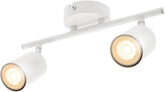 White ceiling light fixture with two adjustable lights on a white background