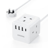 White 4-Way Extension Lead with 4 USB Ports, USB-C, Shaver Socket & 1.5m Cable – Keep Your Everyday Essentials Connected Without the Desk Clutter