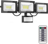 Triple LED flood light with motion sensor and remote control on a white background