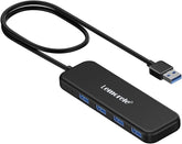 Black USB hub with four ports and a cable, featuring the Lemelekte brand.
