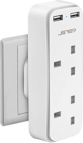 JSVER Double Plug Adaptor with 2 USB Ports – 13A White 2-Way UK 3-Pin Socket Adapter with 2.4A USB Charging for Home & Office – Make One Wall Socket Work Harder for Your Everyday Essentials