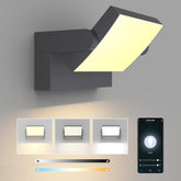 Modern outdoor wall light fixture with smartphone app control on a gray background