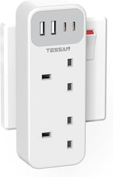 TESSAN Double Plug Adapter UK with 2 USB-C & 2 USB-A Ports – 6-in-1 Multi Plug Socket for Home, Office & Travel - Give Every Device Its Own Little Corner