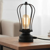 DC VOLTAGE Industrial Cage Table Lamp Black E27 LED Bedside Desk Light – Vintage Steampunk Metal Lamp for Bedroom, Living Room, Office, Café & Bar