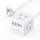 UK to European Plug Adapter with 1.5M Extension Lead – 4 Way Travel Extension with 4 USB Ports Type E/F Adaptor
