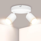 White ceiling light fixture with two lights on a neutral background