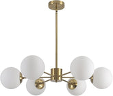 6-Light Globe Sputnik Chandelier with white milk glass shades and brushed gold finish. Mid-century modern pendant light for dining or living rooms.