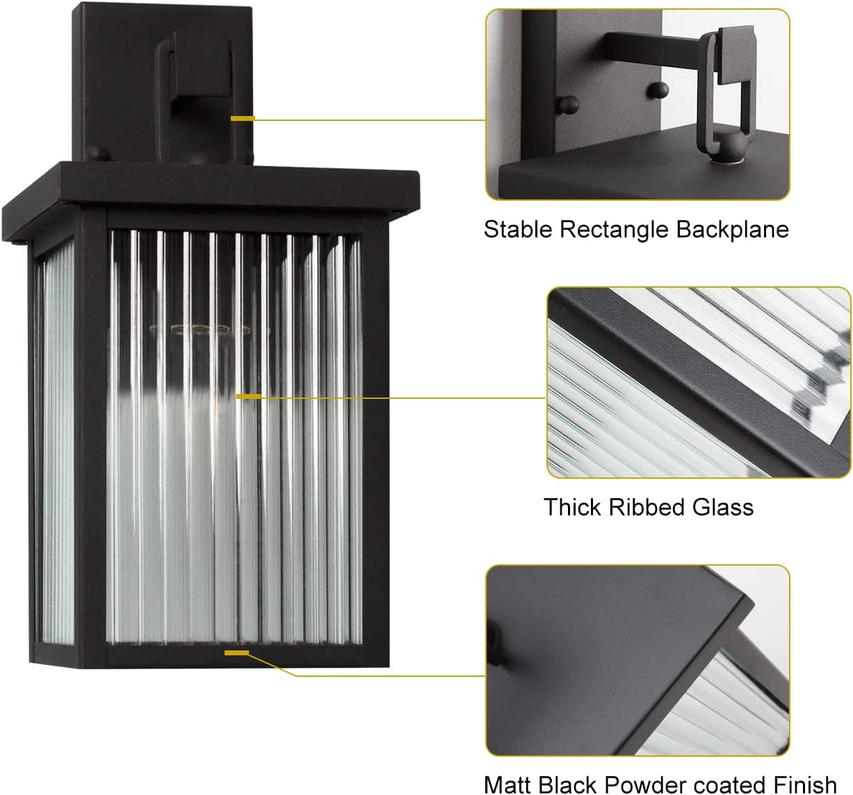 Black outdoor wall light fixture with detailed features highlighted