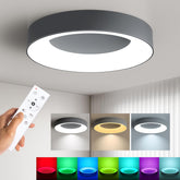 Ceiling light fixture with remote control and color-changing options displayed below.