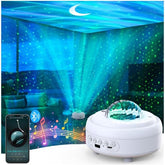 White wave and star projector with smartphone app control, projecting a calming light show in a room.