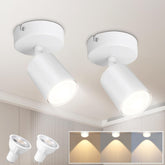 Two white ceiling lights on a ceiling with color temperature options displayed.