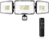 Three LED flood lights with a remote control on a white background