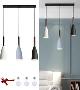 Modern pendant light fixture with three cone-shaped shades in a room setting.