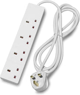 White power strip with multiple sockets and a coiled cable on a white background