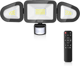 LED flood light with motion sensor and remote control on a white background