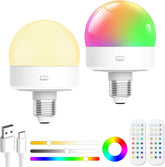 Two smart light bulbs with remote controls and cables on a white background