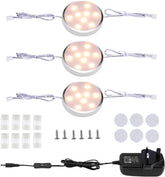Set of three round LED lights with accessories on a white background