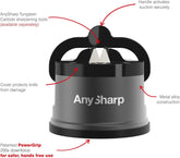 AnySharp Pro Metal Knife Sharpener – Hands-Free PowerGrip Suction | Sharpens All Knives | Hardened Steel & Serrated | Matte Grey