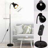 Black floor lamp and desk lamp with measurements and a living room setting.