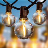String of clear light bulbs on a blurred background
