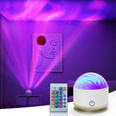 Colorful night light projector with remote control on a purple wall background