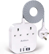 Addtam Extension Lead with 2 AC Outlets, 4 USB Ports & 1.6m Braided Cable – Keep Your Everyday Devices Charged Without the Desk Clutter