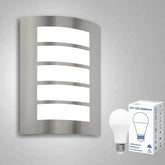 Metallic wall light fixture with LED bulb and packaging on a gray background