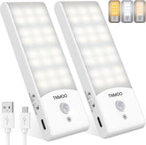 Two TNMOO motion sensor lights with a USB cable on a white background