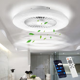 Ceiling fan with remote control and smartphone app in a modern room setting