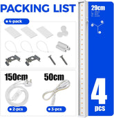 Packing list for a LED light strip with components and dimensions.