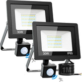 Two LED flood lights with motion sensors on a white background