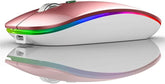 Pink computer mouse with RGB lighting on a reflective surface