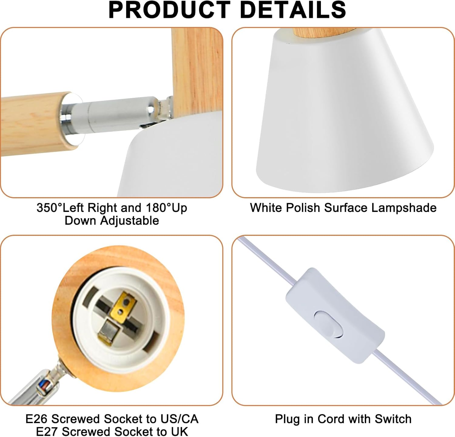 Product details of a wall-mounted light fixture with adjustable design, white lampshade, and electrical components.