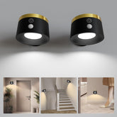 Two black ceiling lights with gold accents on a gray background, with inset images showing their use in various settings.