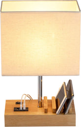 USB Bedside Table Lamp with 3 USB Charging Ports & Phone Charge Dock – Wooden Charging Station Desk Lamp with Device Organiser for Bedroom, Guest Room, Living Room & Office