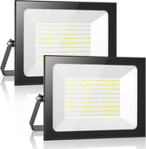 Two LED flood lights with a reflective surface on a white background
