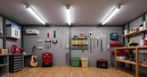 Organized garage with tools and equipment on shelves and walls.