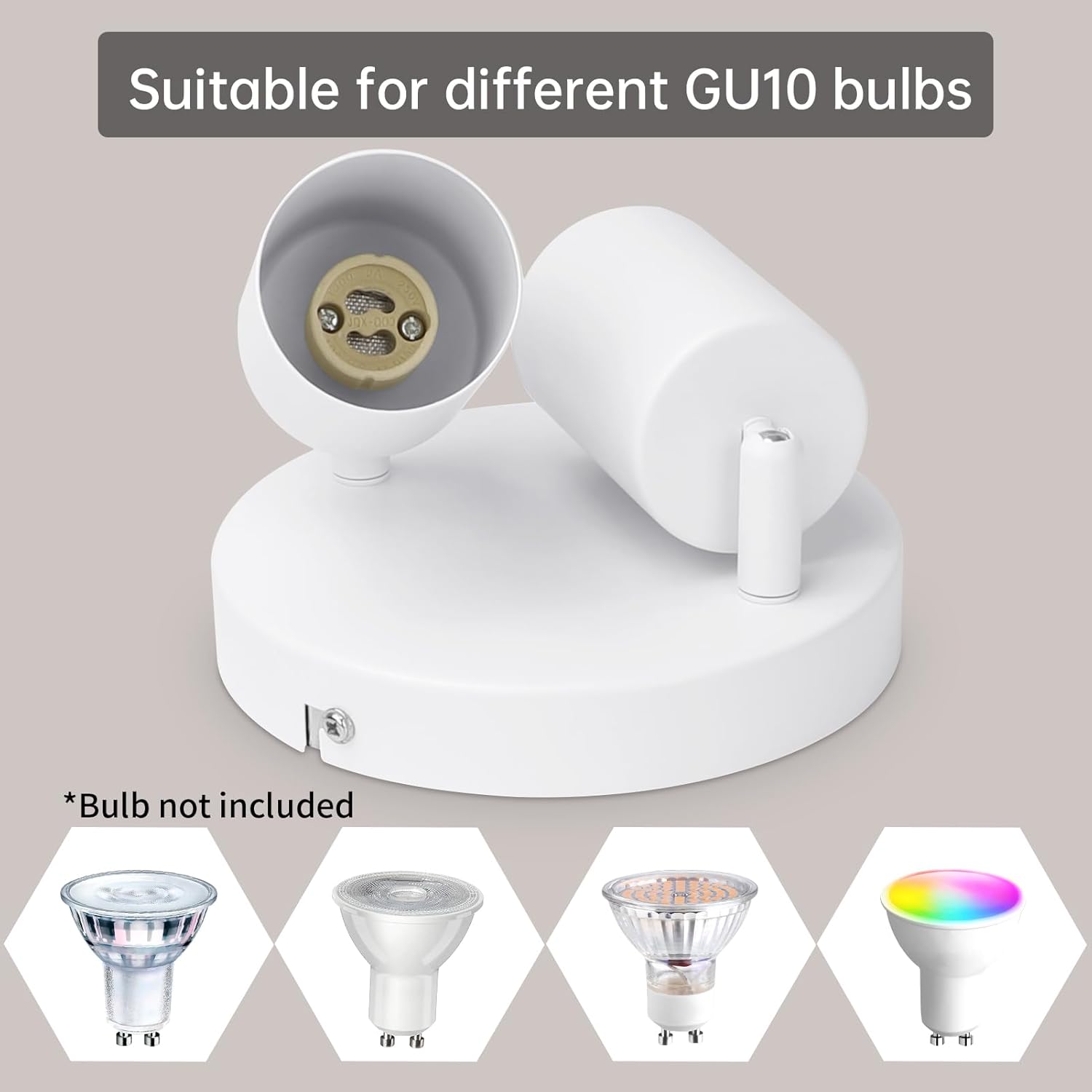 White light fixture compatible with different GU10 bulbs on a beige background