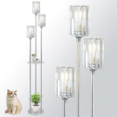 Set of modern floor lamps with glass shades on a white background, accompanied by a cat and plant.