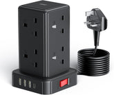 Kemelo Tower Extension Lead – 8-Way Multi Plug with 4 USB Ports, 2M Cable, 13A 3250W Surge Protection – Bring Order to Your Busy Charging Corner