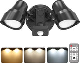 Black outdoor security light fixture with two lights and a remote control on a white background