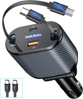80W Retractable Car Charger Dark Gray – 4-Port Fast USB-C Adapter