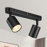 Black ceiling light fixture with two spotlights on a neutral background