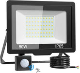 50W LED flood light with motion sensor and wiring on a white background