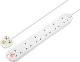 Masterplug Six Socket Extension Lead, 2 Metre Cable, Surge Protection, Power and Surge LED Indicators, Unswitched, 6 Way Plug Extension Cable, Power Strip, White, 13A, 6G, 2m, SRG62N