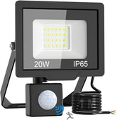LED flood light with sensor and cable on a white background